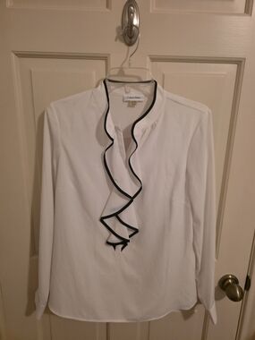 Calvin Klein White Ruffle Front Long-Sleeve Blouse with Black Trim
